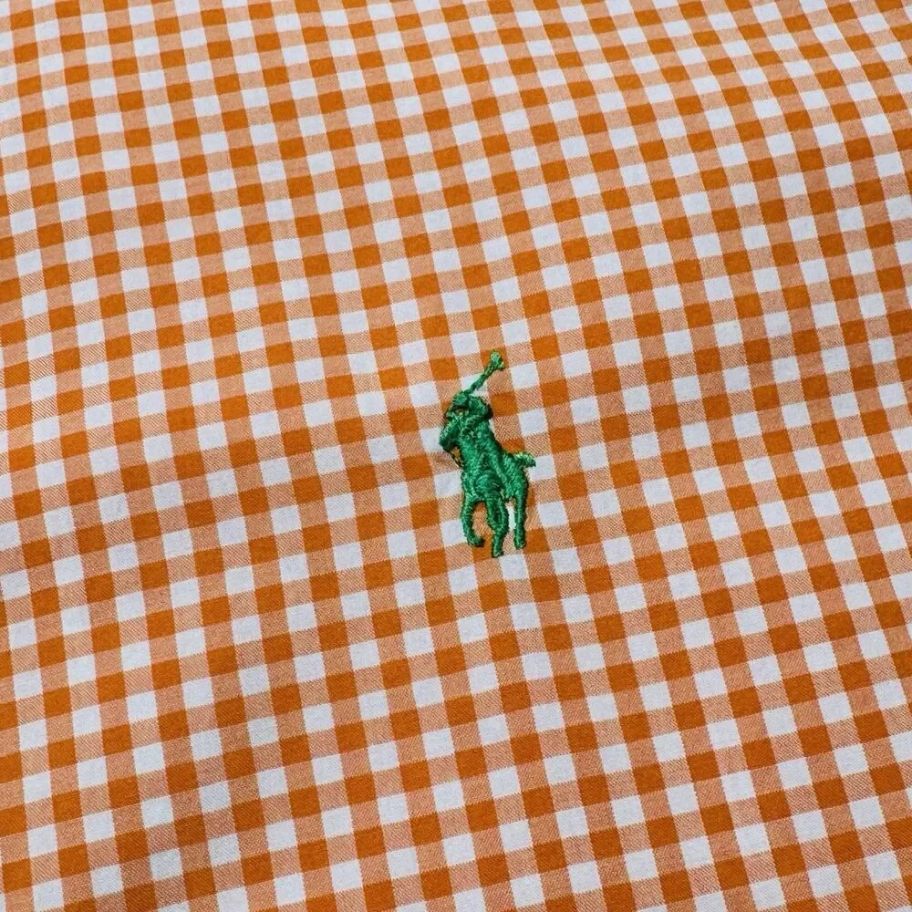 Polo Ralph Lauren Shirt Mens Medium Orange Gingham Check Long Sleeve Preppy
